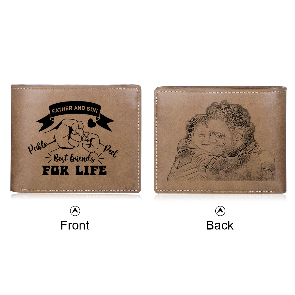 Personalised Photo & 2 Names Leather Wallet, Engraved Best Friends For Life Short Folding Wallet Gift For Dad | Jessemade