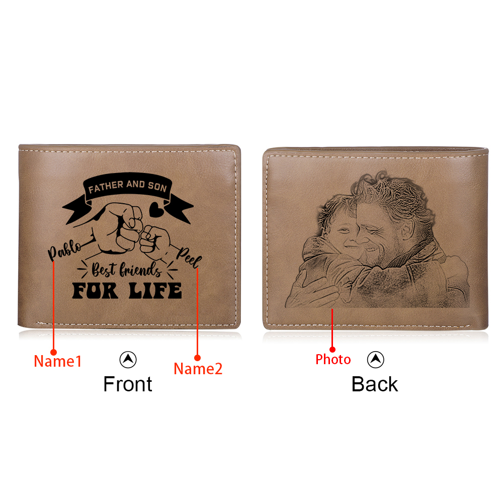 Personalised Photo & 2 Names Leather Wallet, Engraved Best Friends For Life Short Folding Wallet Gift For Dad | Jessemade
