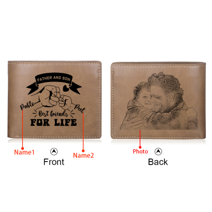 Personalised Photo & 2 Names Leather Wallet, Engraved Best Friends For Life Short Folding Wallet Gift For Dad | Jessemade