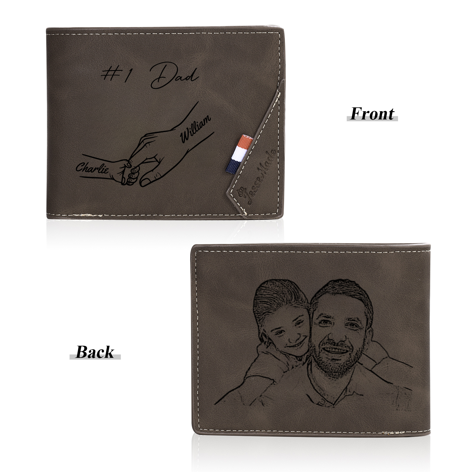 Personalised Leather Wallet, Engraved Photo & 2 Names Short Wallet Custom Folding Wallet Gift For Dad | Jessemade