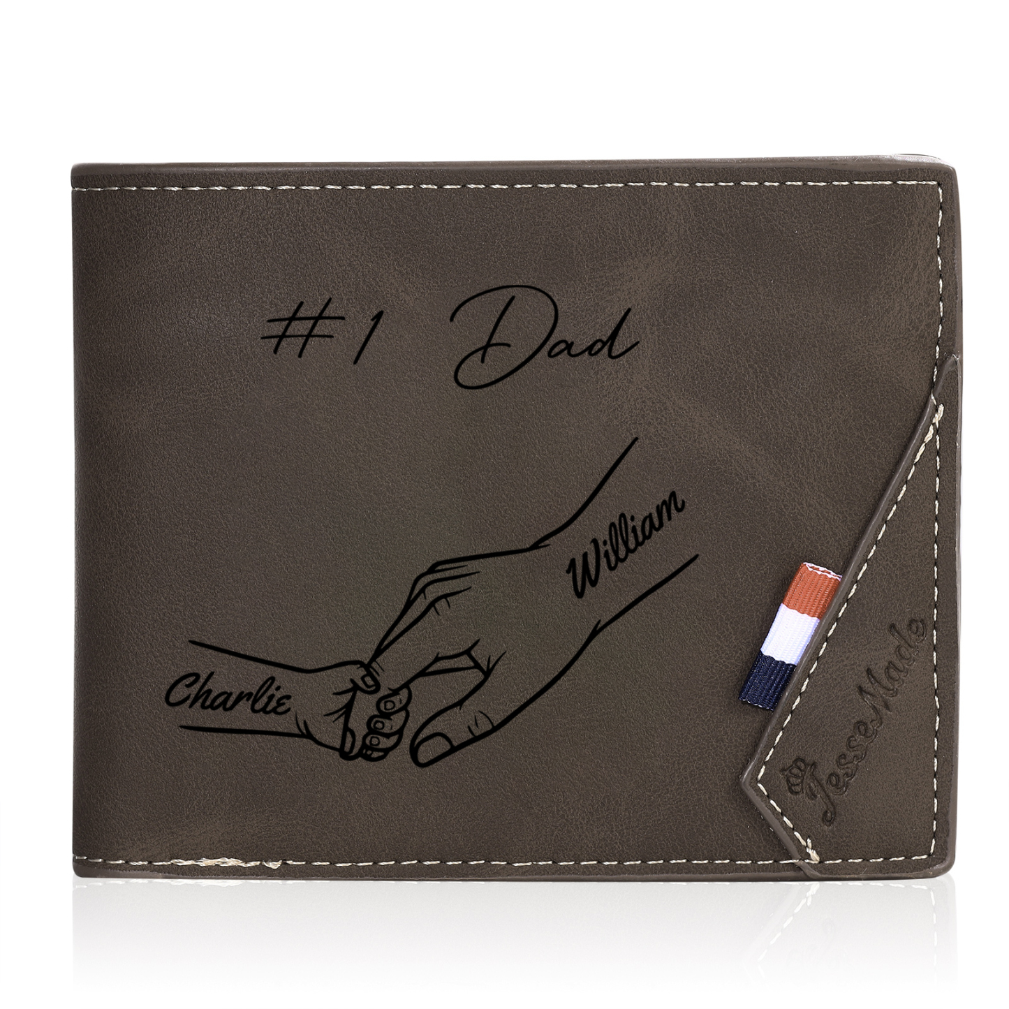 Personalised Leather Wallet, Engraved Photo & 2 Names Short Wallet Custom Folding Wallet Gift For Dad | Jessemade