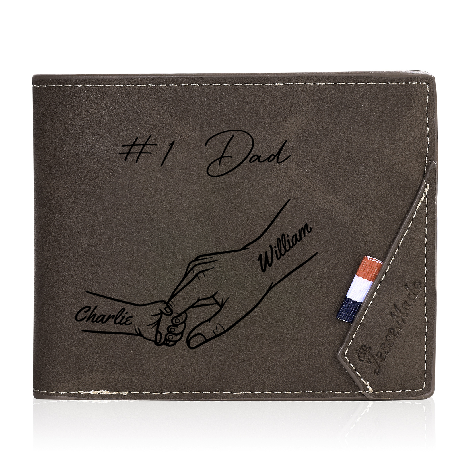 Personalised Leather Wallet, Engraved Photo & 2 Names Short Wallet Custom Folding Wallet Gift For Dad | Jessemade