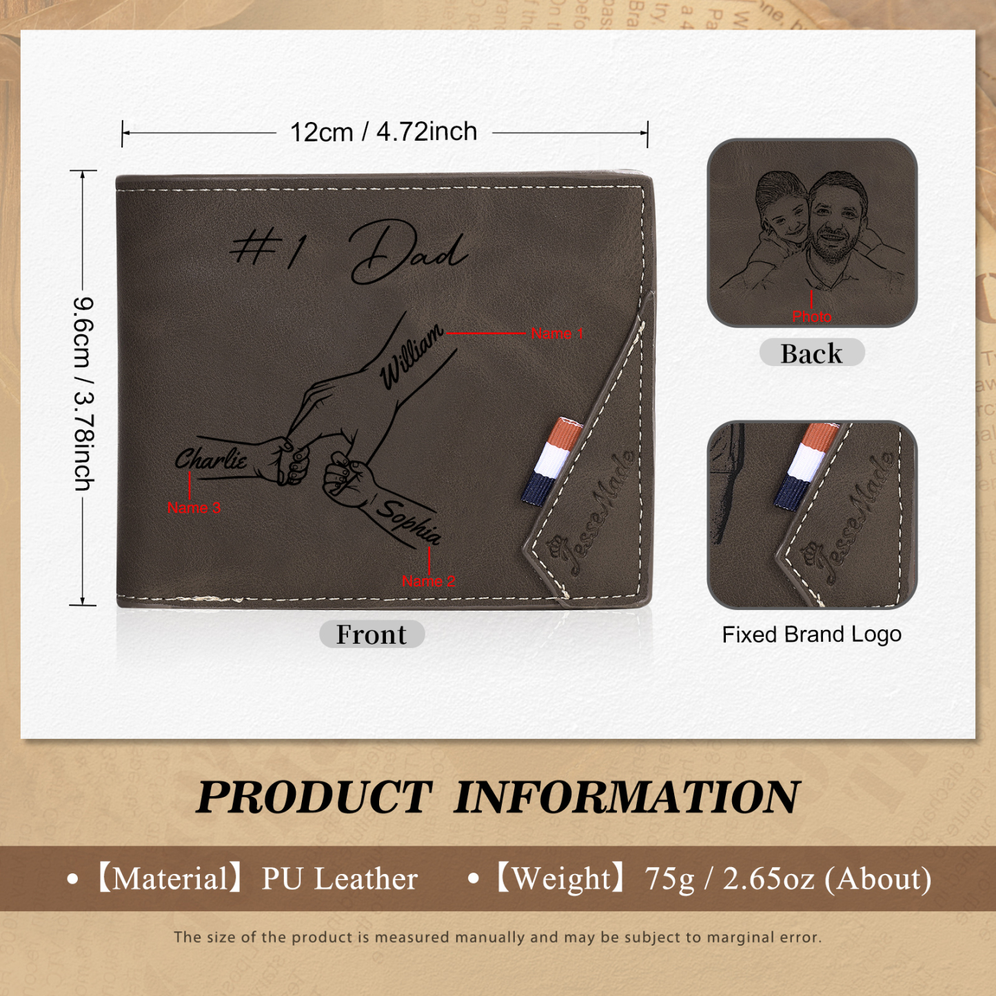Personalised Leather Wallet, Engraved Photo & 3 Names Short Wallet Custom Folding Wallet Gift For Dad | Jessemade