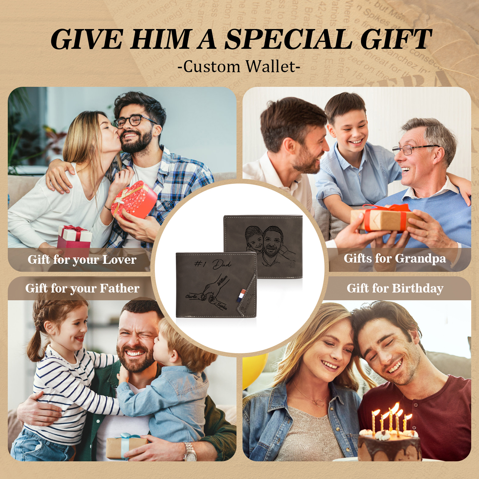 Personalised Leather Wallet, Engraved Photo & 3 Names Short Wallet Custom Folding Wallet Gift For Dad | Jessemade