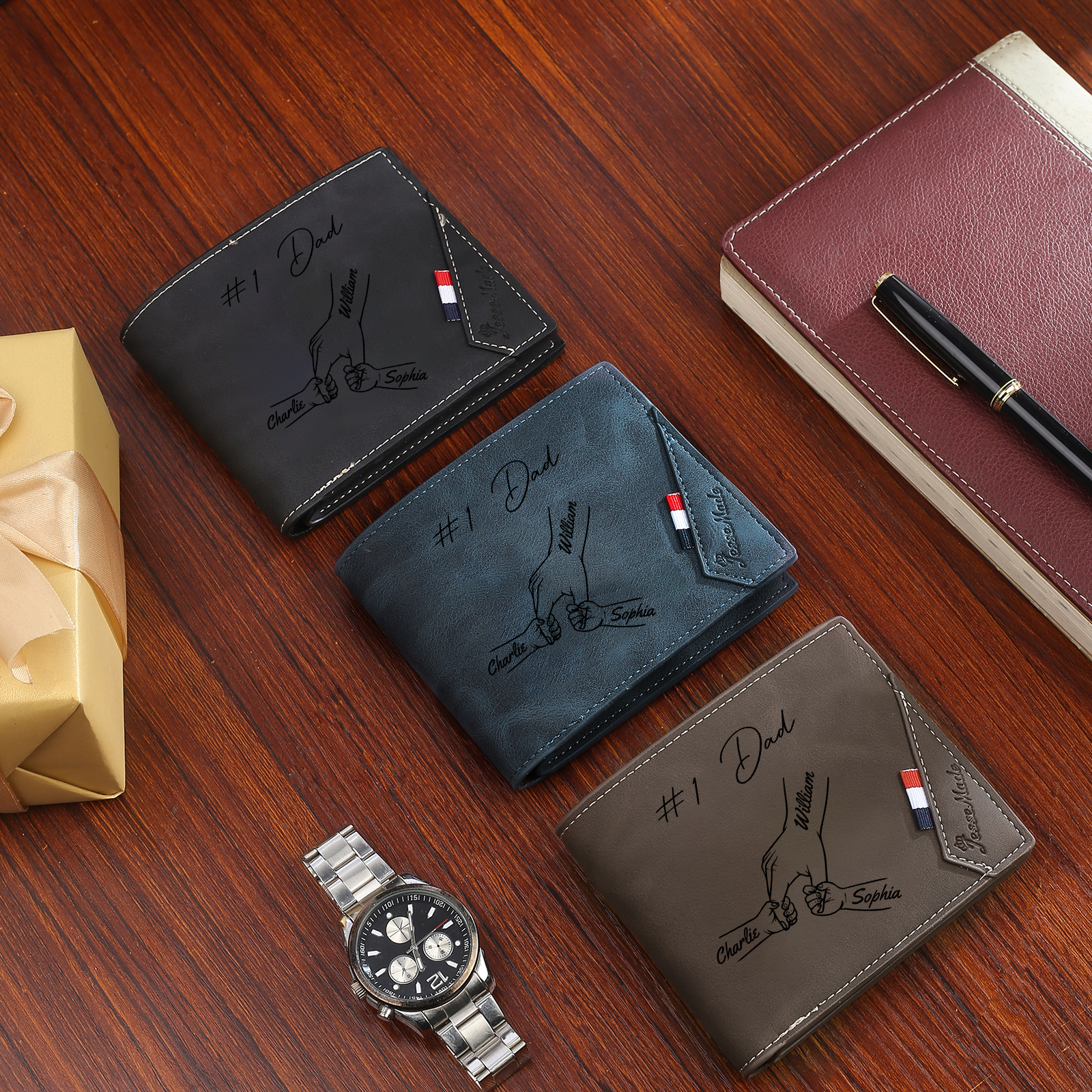 Personalised Leather Wallet, Engraved Photo & 3 Names Short Wallet Custom Folding Wallet Gift For Dad | Jessemade