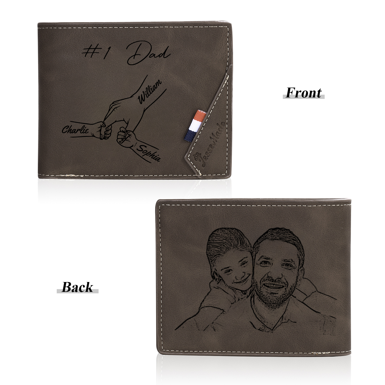 Personalised Leather Wallet, Engraved Photo & 3 Names Short Wallet Custom Folding Wallet Gift For Dad | Jessemade