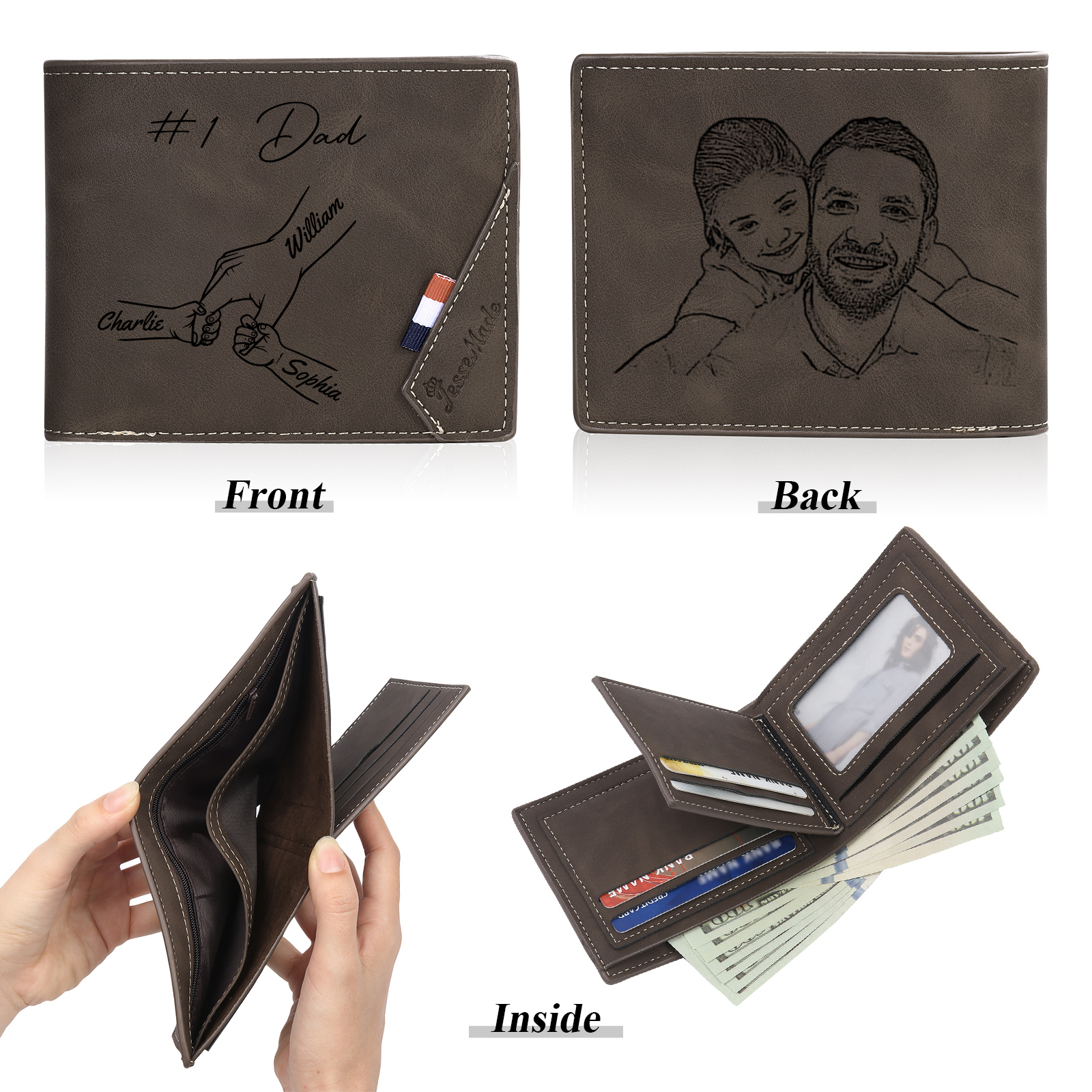 Personalised Leather Wallet, Engraved Photo & 3 Names Short Wallet Custom Folding Wallet Gift For Dad | Jessemade