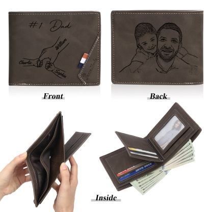Personalised Leather Wallet, Engraved Photo & 3 Names Short Wallet Custom Folding Wallet Gift For Dad | Jessemade