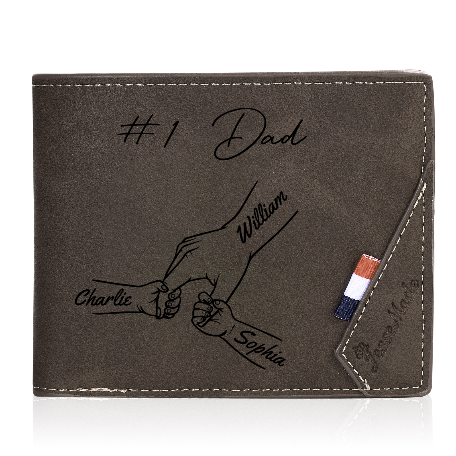 Personalised Leather Wallet, Engraved Photo & 3 Names Short Wallet Custom Folding Wallet Gift For Dad | Jessemade