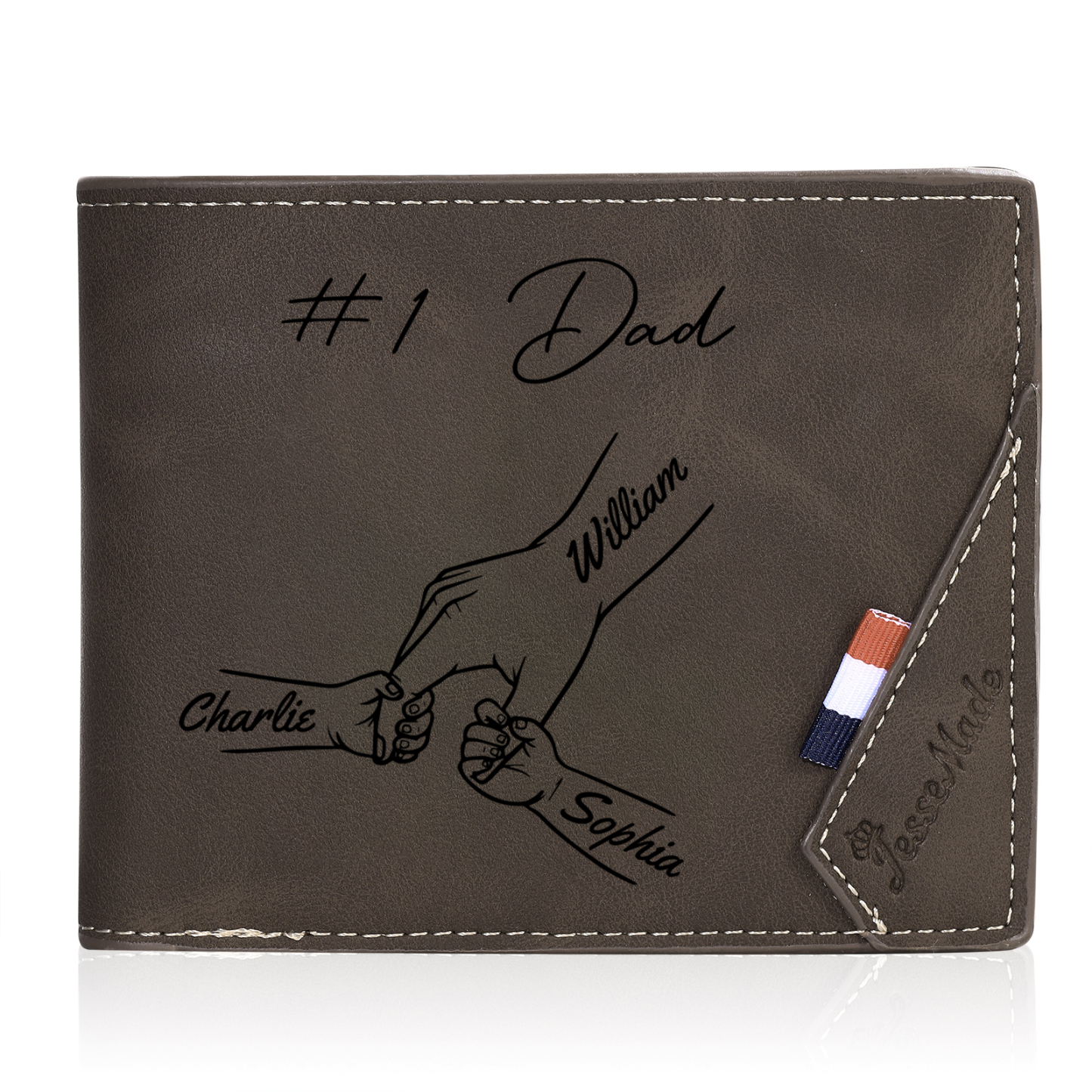 Personalised Leather Wallet, Engraved Photo & 3 Names Short Wallet Custom Folding Wallet Gift For Dad | Jessemade