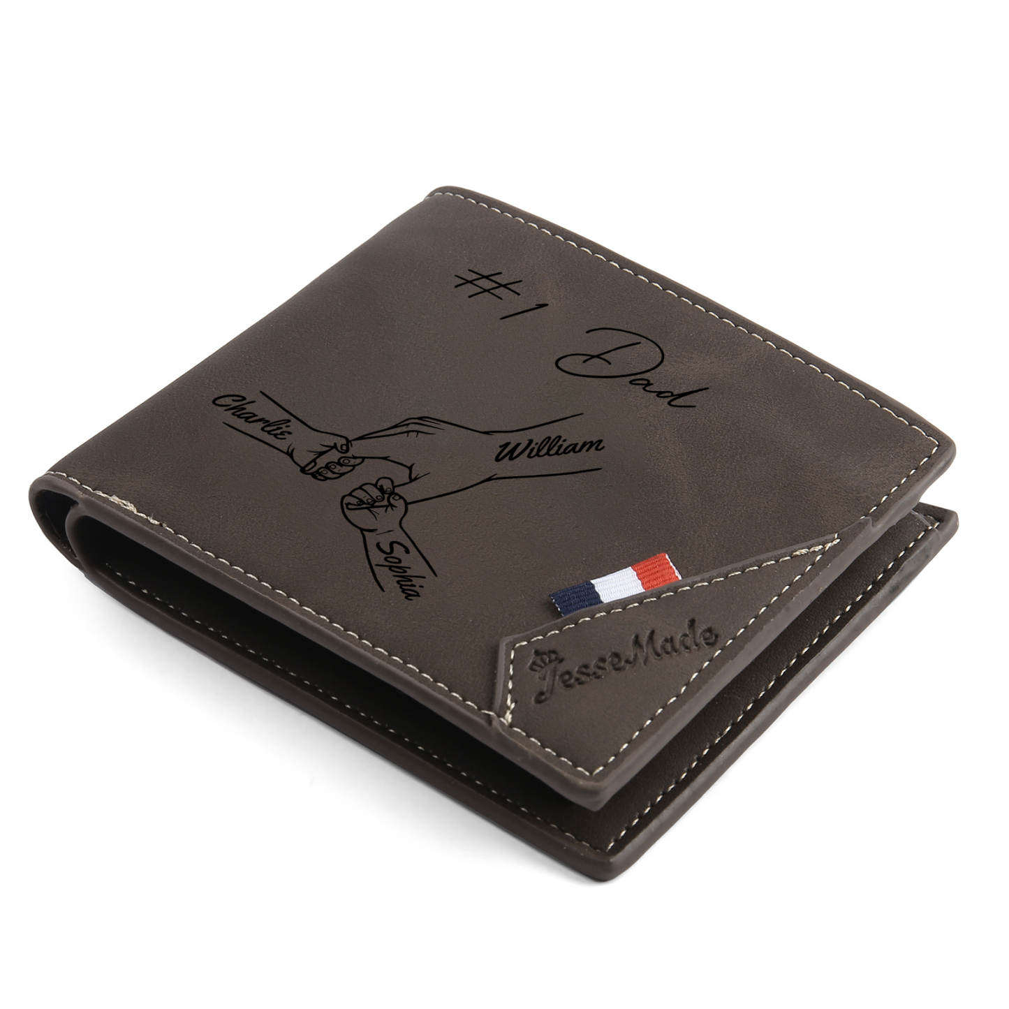 Personalised Leather Wallet, Engraved Photo & 3 Names Short Wallet Custom Folding Wallet Gift For Dad | Jessemade