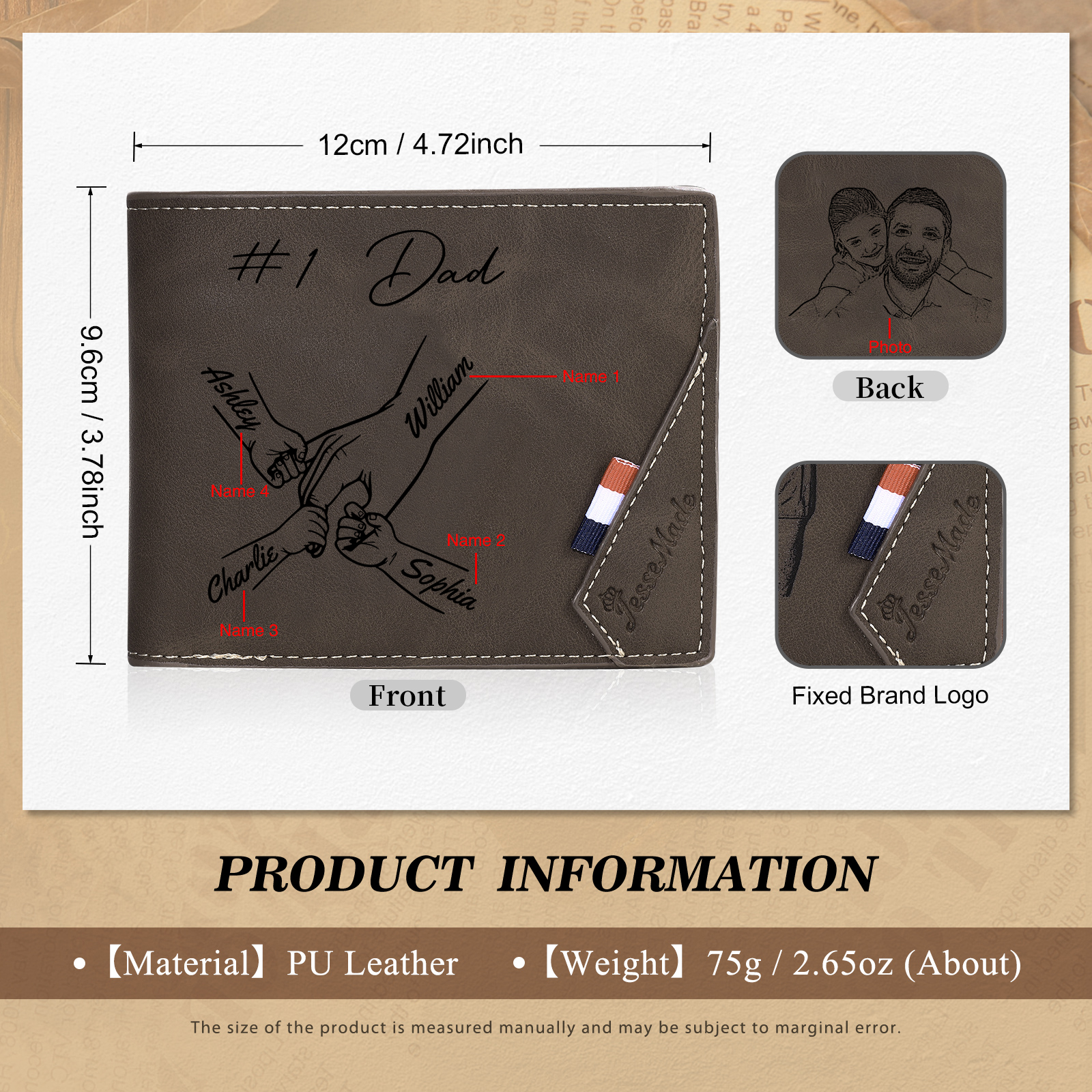 Personalised Leather Wallet, Engraved Photo & 4 Names Short Wallet Custom Folding Wallet Gift For Dad | Jessemade