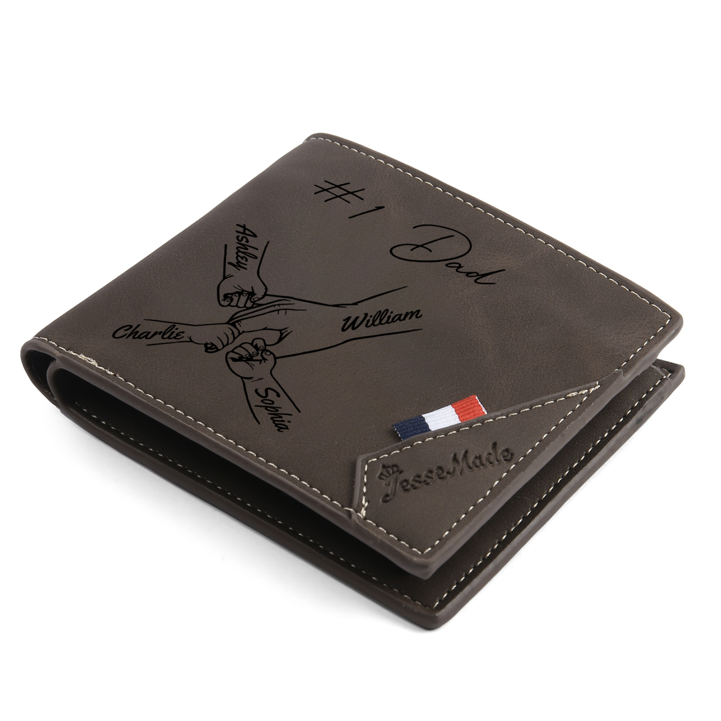 Personalised Leather Wallet, Engraved Photo & 4 Names Short Wallet Custom Folding Wallet Gift For Dad | Jessemade