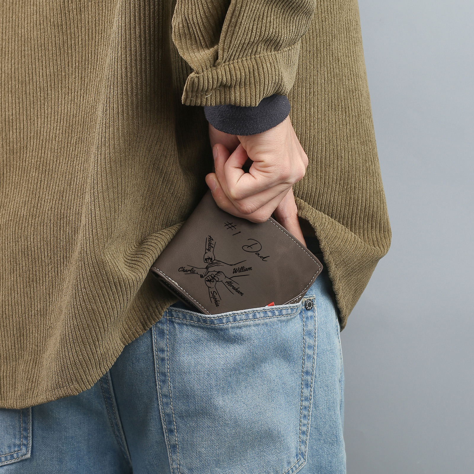 Personalised Leather Wallet, Engraved Photo & 5 Names Short Wallet Custom Folding Wallet Gift For Dad | Jessemade