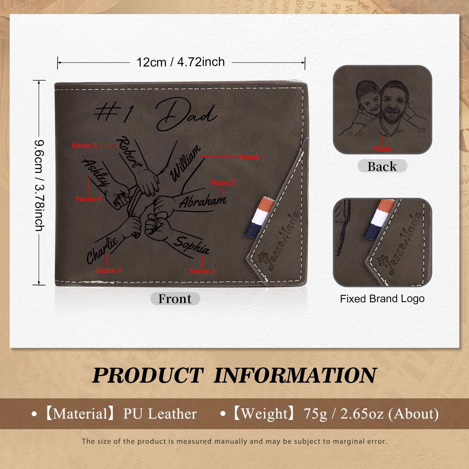 Personalised Leather Wallet, Engraved Photo & 6 Names Short Wallet Custom Folding Wallet Gift For Dad | Jessemade