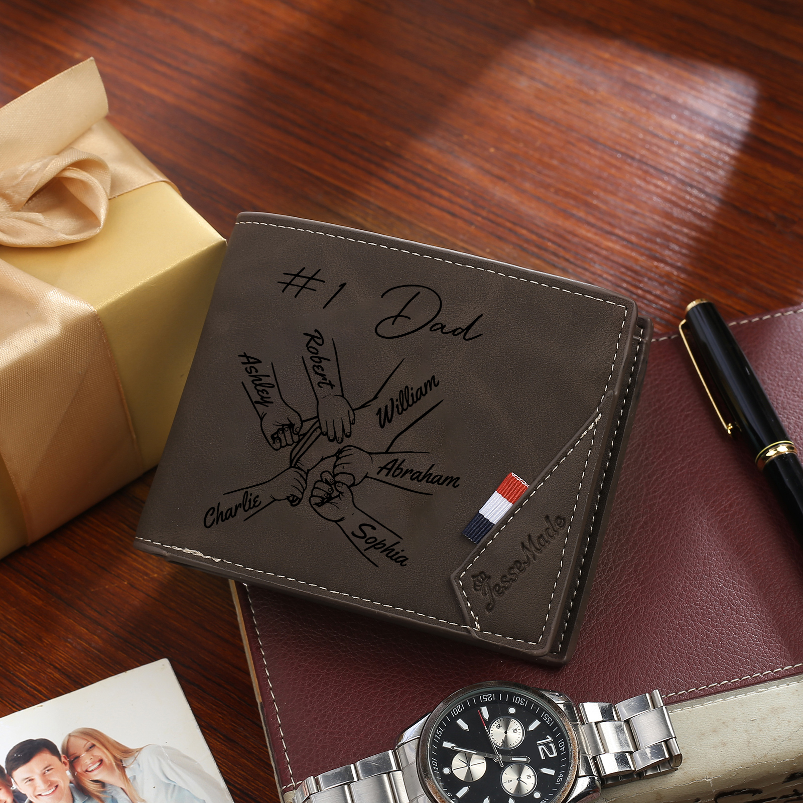 Personalised Leather Wallet, Engraved Photo & 6 Names Short Wallet Custom Folding Wallet Gift For Dad | Jessemade