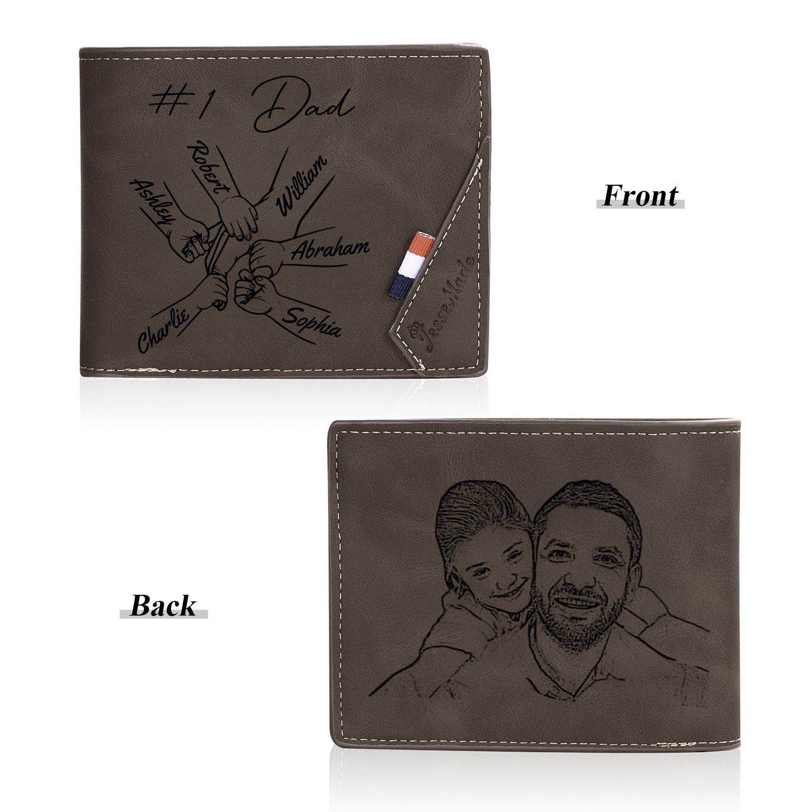 Personalised Leather Wallet, Engraved Photo & 6 Names Short Wallet Custom Folding Wallet Gift For Dad | Jessemade