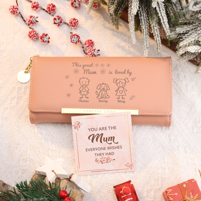 Personalised Women Leather Wallet Purse With 1-6 Kids And Pets Names