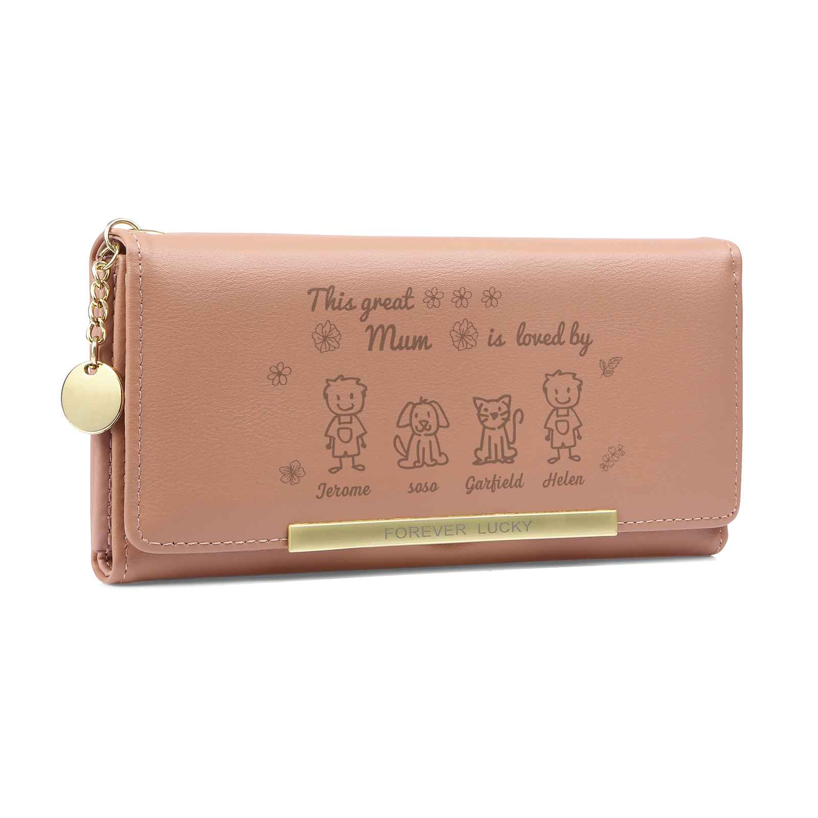 Personalised Women Leather Wallet Purse With 1-6 Kids And Pets Names