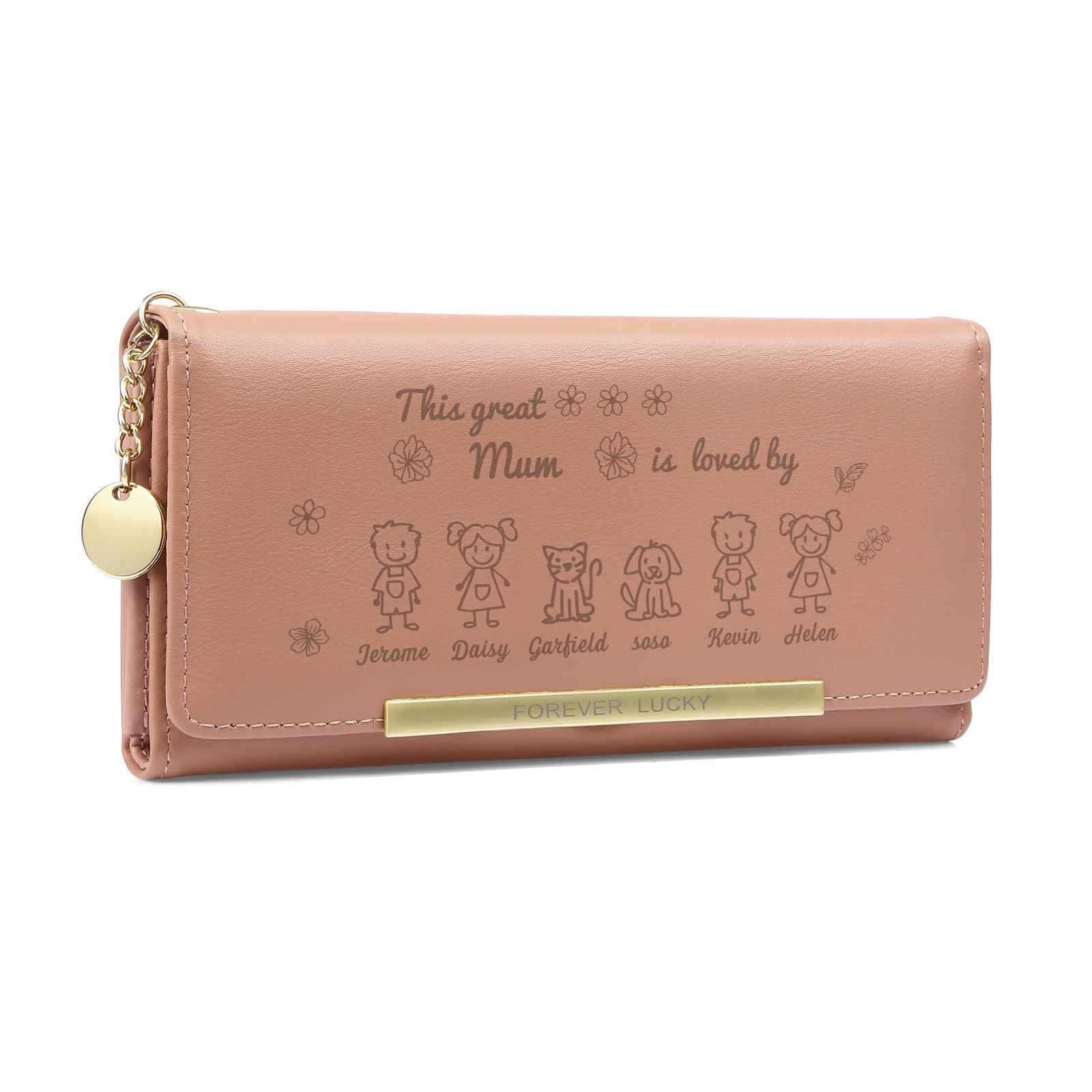 Personalised Women Leather Wallet Purse With 1-6 Kids And Pets Names