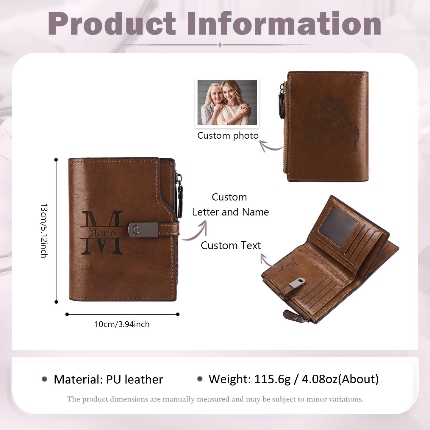 Personalised PU Leather Wallet with Photo & Name Engraving for Women | Jessemade