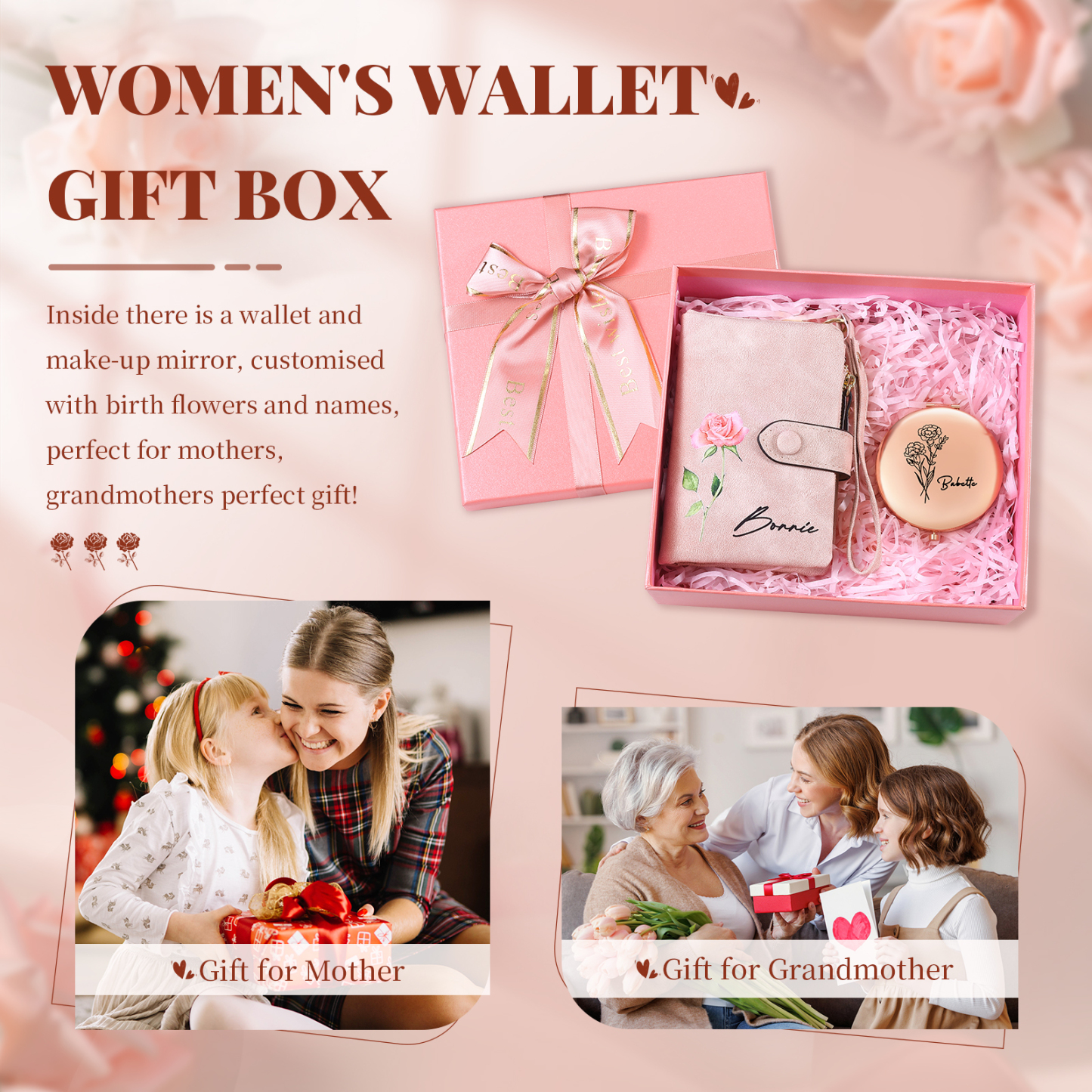 Personalised Women's Wallet Gift Set, Custom Name & Birth Flower Wallet for Her | Jessemade