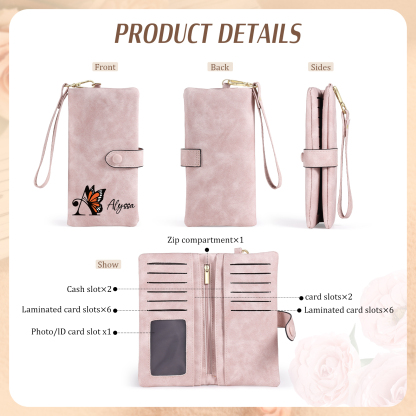 Personalised Name & Initial PU Leather Purse, Custom Long Wallet Gift For Her | Jessemade