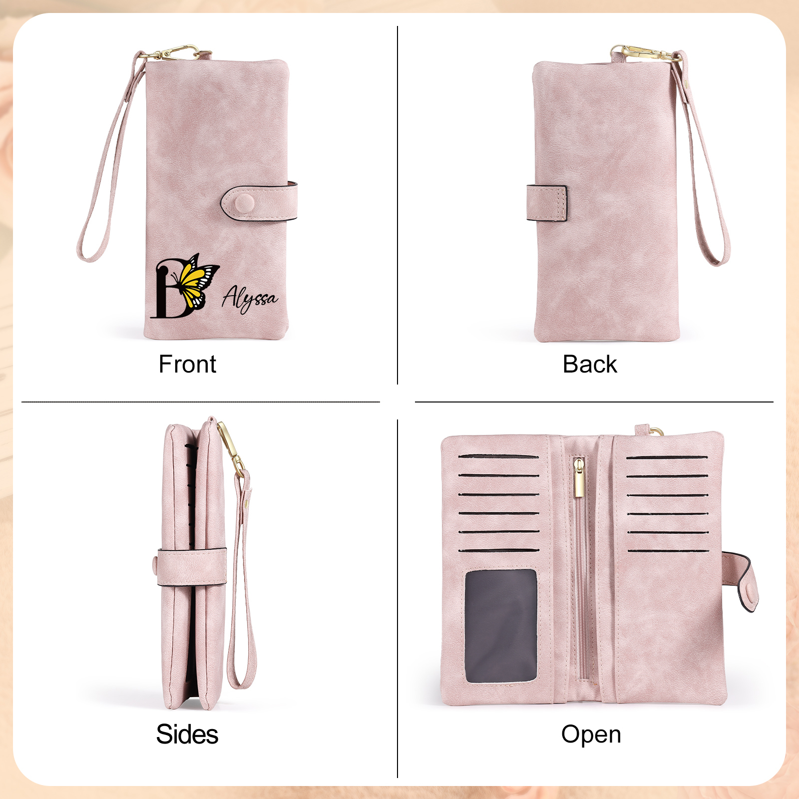 Personalised Name & Initial PU Leather Purse, Custom Long Wallet Gift For Her | Jessemade