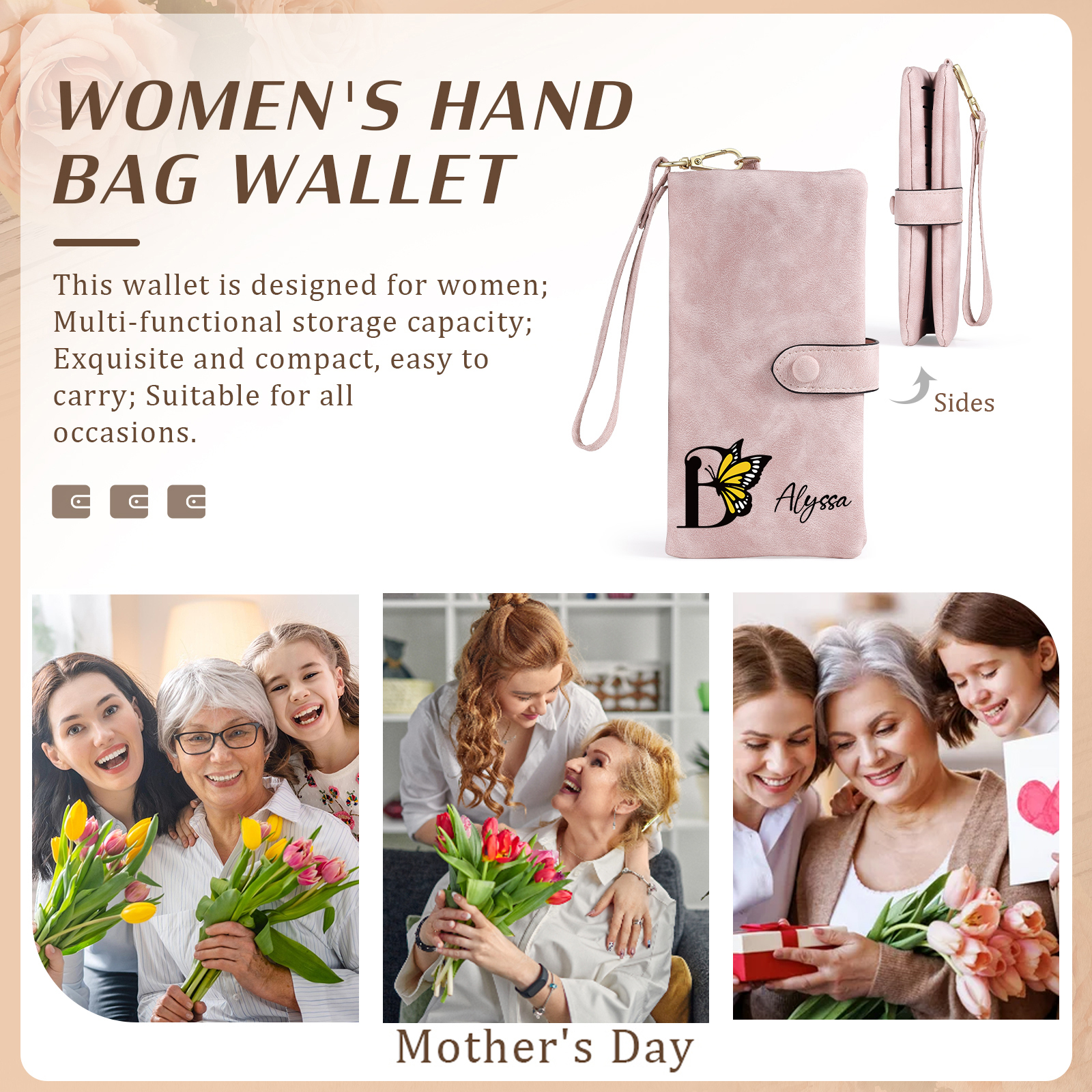 Personalised Name & Initial PU Leather Purse, Custom Long Wallet Gift For Her | Jessemade