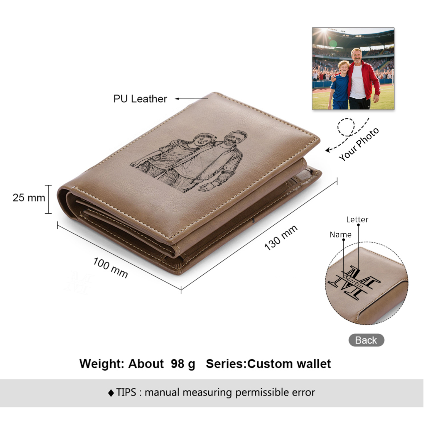 Personalised Leather Wallet for Men – Custom 1 Photo & 1 Name Engraving | Jessemade