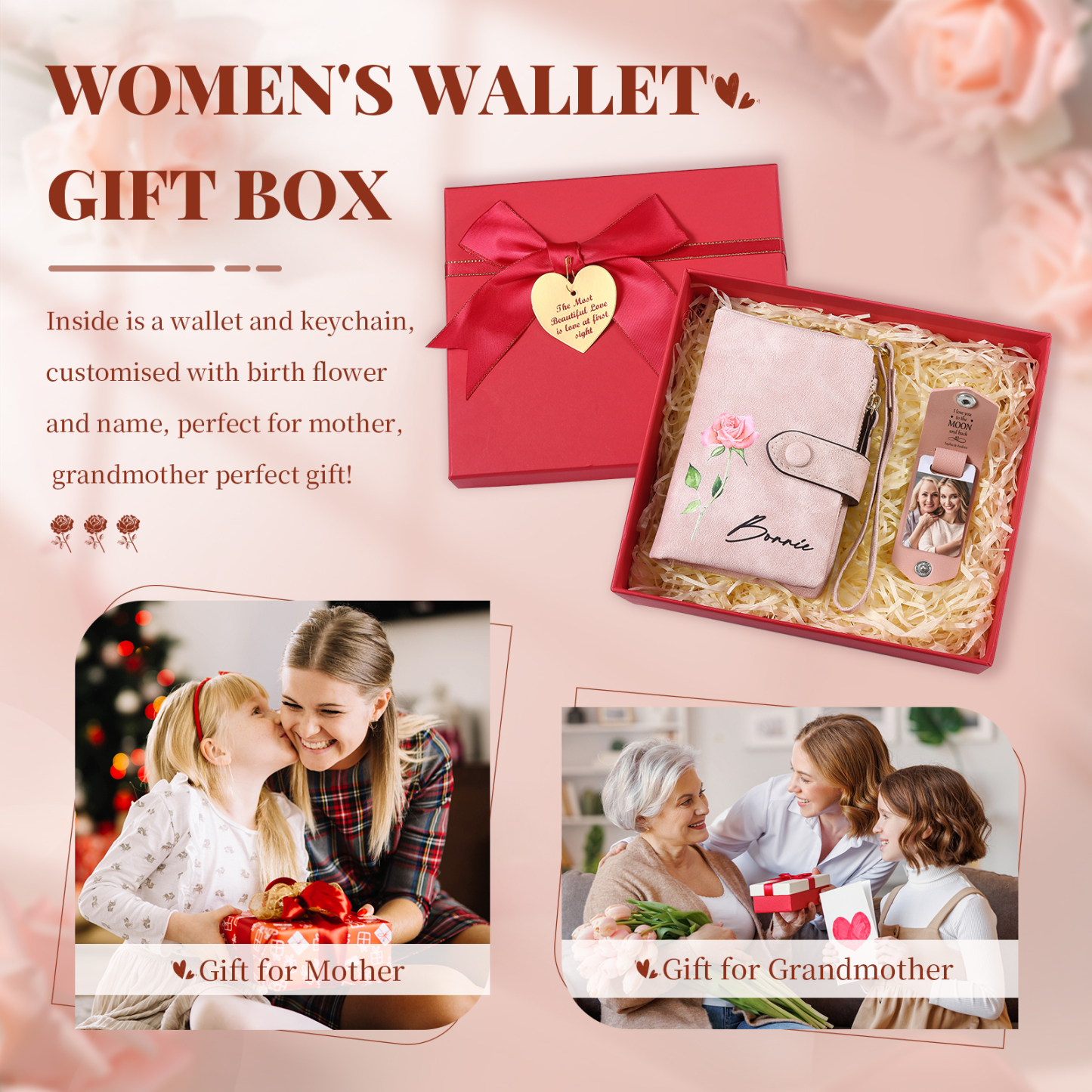 Personalised Women's Wallet Gift Set, Custom Name & Birth Flower Wallet for Her | Jessemade
