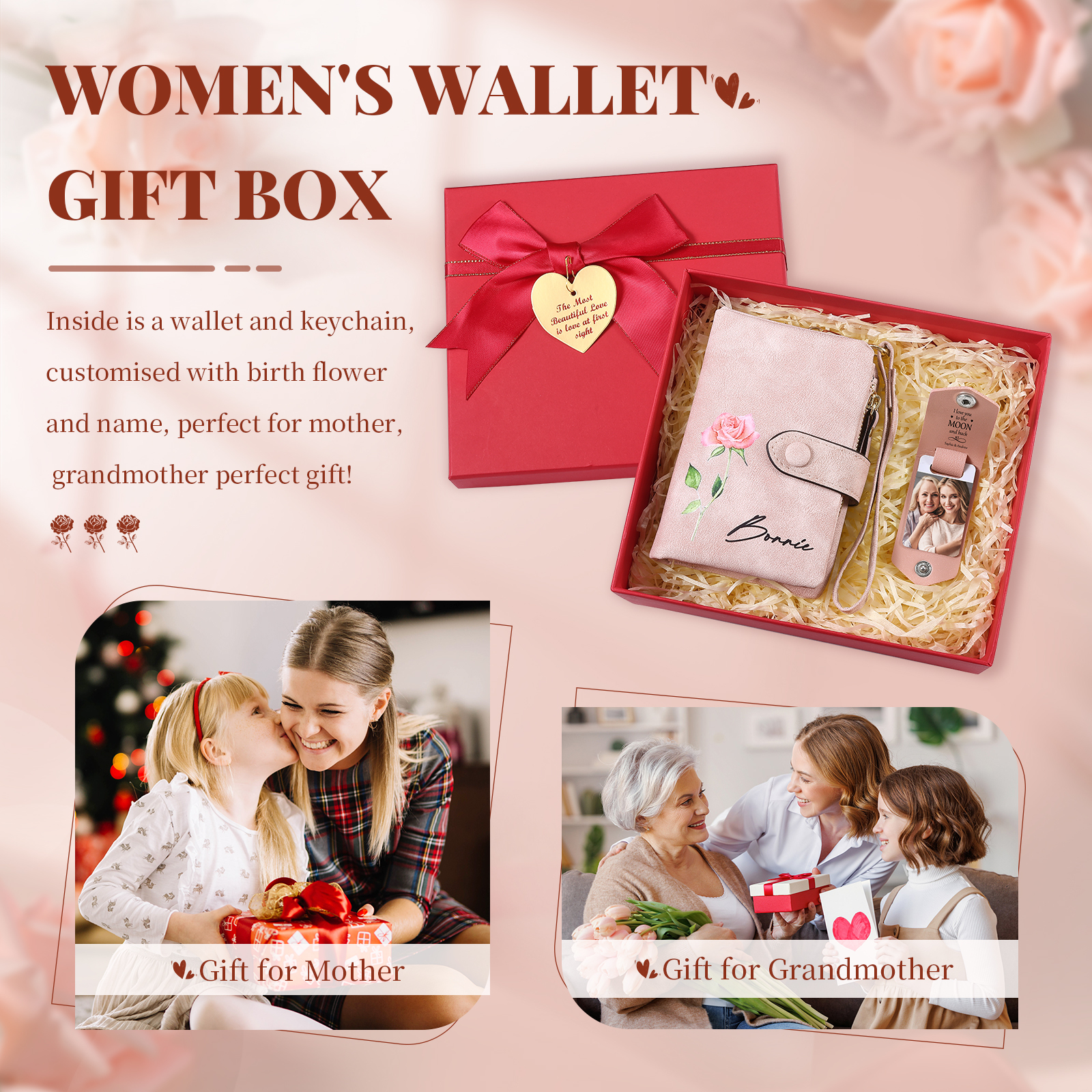 Personalised Women's Wallet Gift Set, Custom Name & Birth Flower Wallet for Her | Jessemade