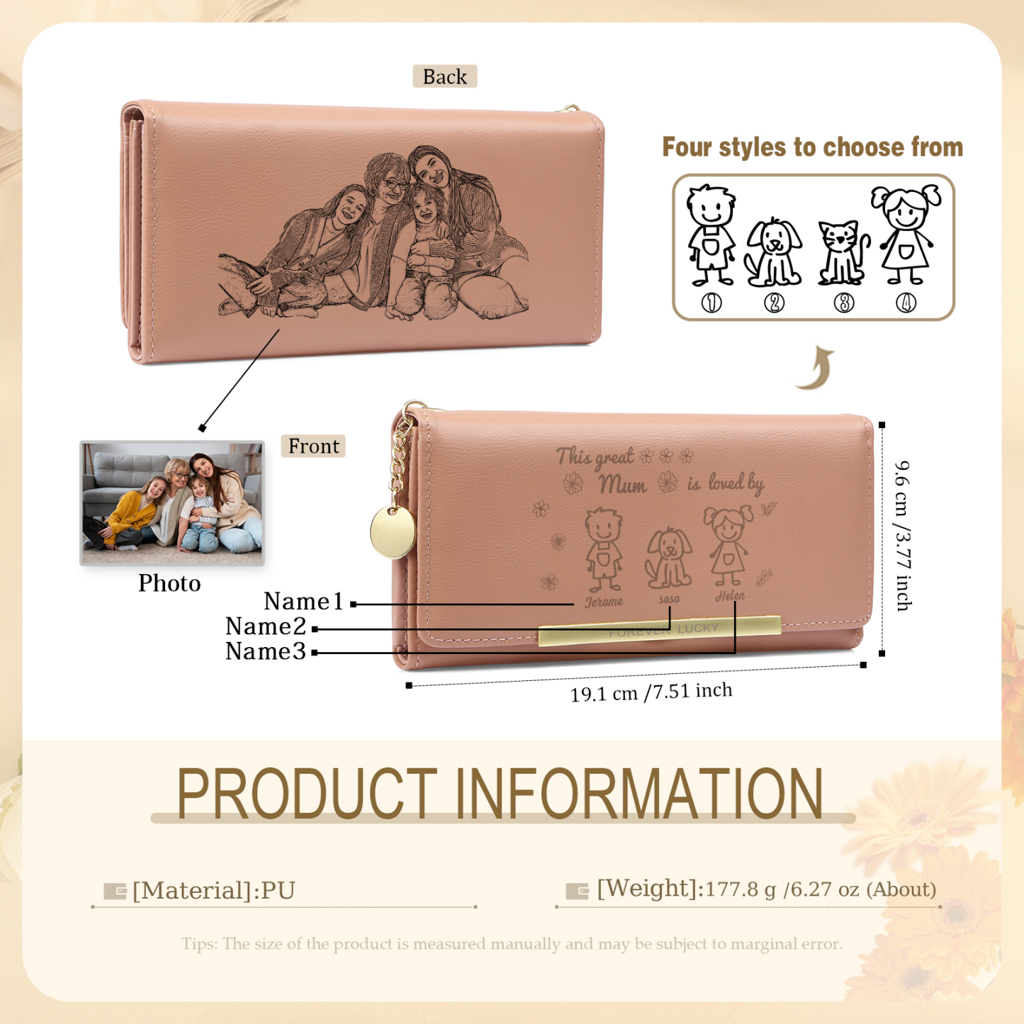 Personalised Women Photo Leather Wallet Purse With Custom 3 Kids And Pet Name –“This Great Mum Is Loved By' - Mother's Day Presents For Mum | Jessemade