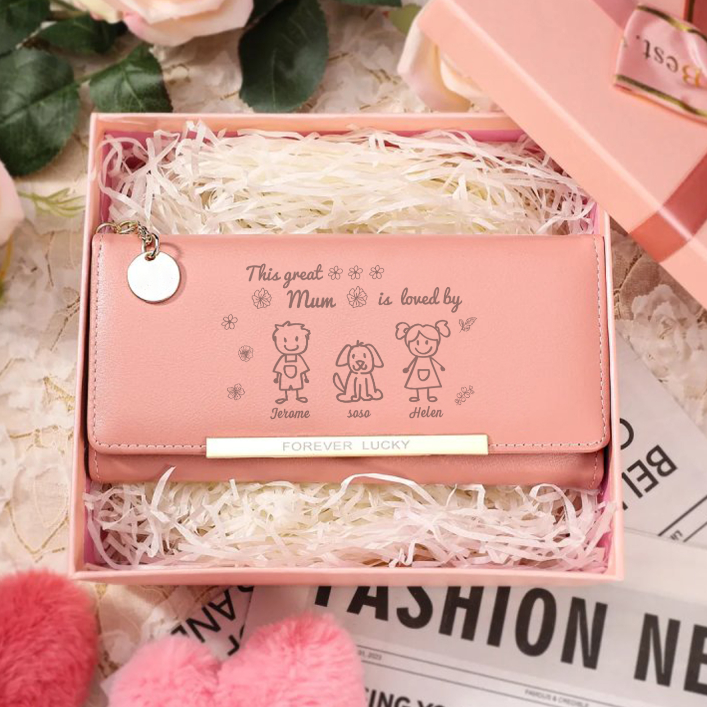 Personalised Women Photo Leather Wallet Purse With Custom 3 Kids And Pet Name –“This Great Mum Is Loved By' - Mother's Day Presents For Mum | Jessemade