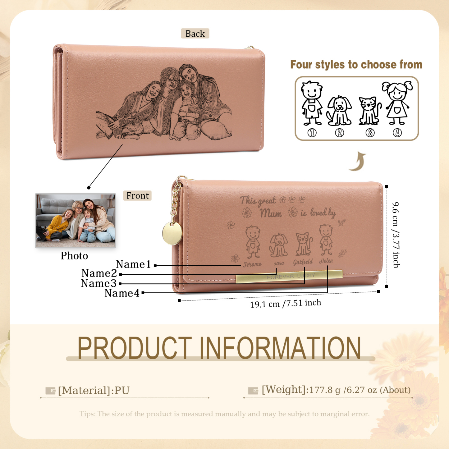 Personalised Women Photo Leather Wallet Purse With Custom 4 Kids And Pet Name –“This Great Mum Is Loved By' - Mother's Day Presents For Mum | Jessemade