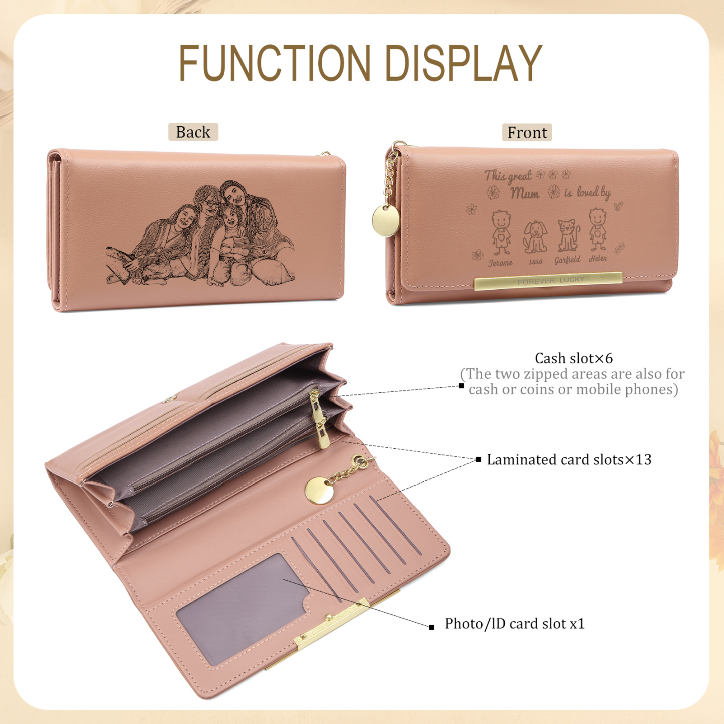 Personalised Women Photo Leather Wallet Purse With Custom 4 Kids And Pet Name –“This Great Mum Is Loved By' - Mother's Day Presents For Mum | Jessemade