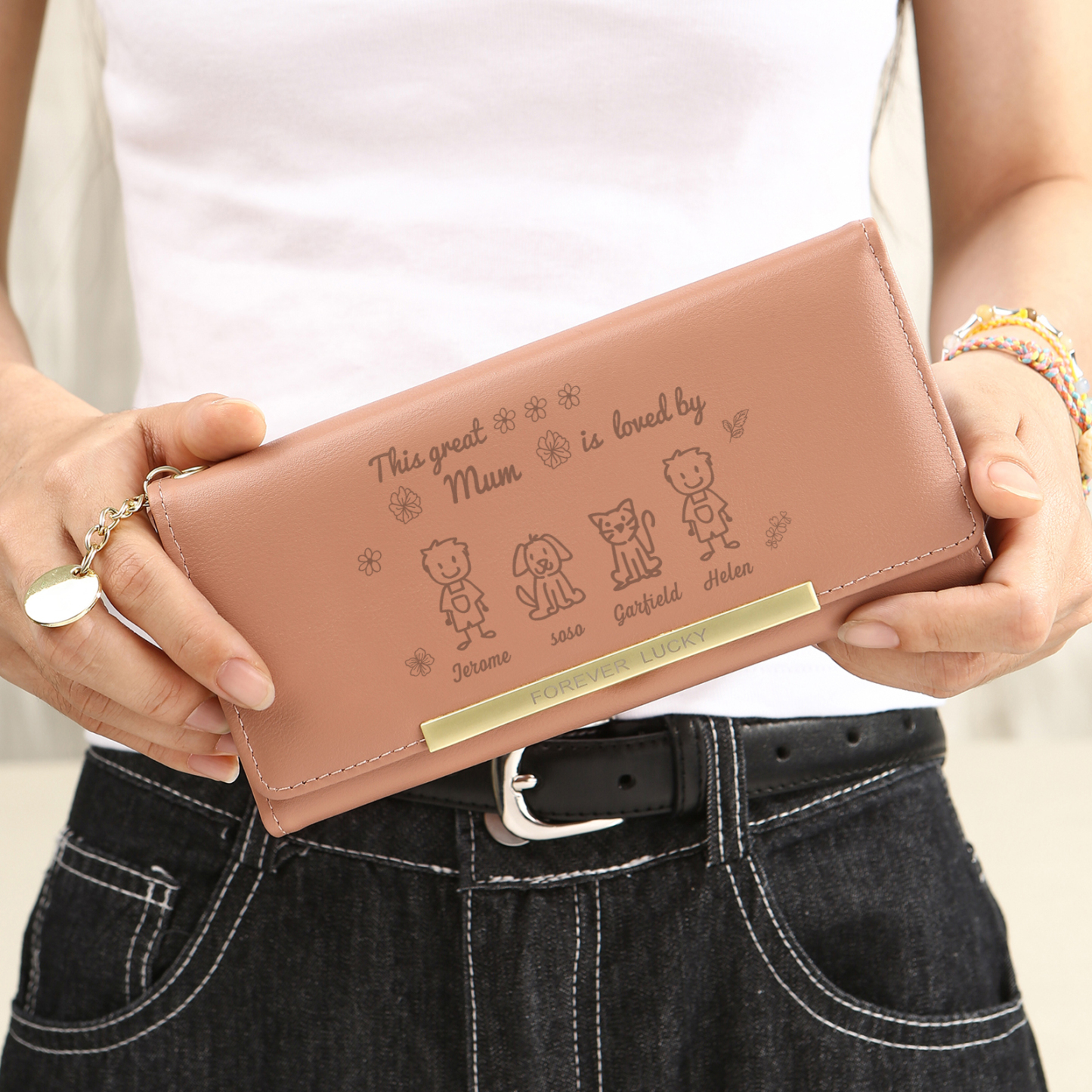Personalised Women Photo Leather Wallet Purse With Custom 4 Kids And Pet Name –“This Great Mum Is Loved By' - Mother's Day Presents For Mum | Jessemade