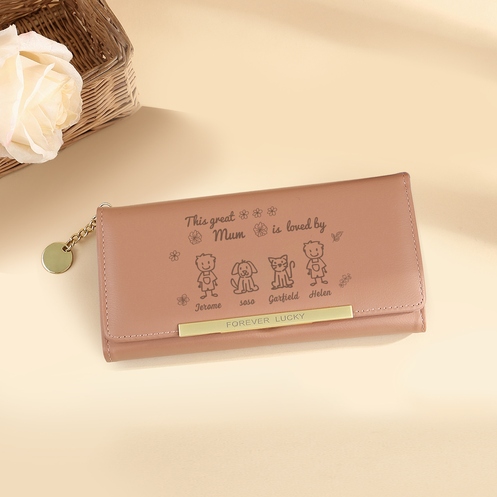 Personalised Women Photo Leather Wallet Purse With Custom 4 Kids And Pet Name –“This Great Mum Is Loved By' - Mother's Day Presents For Mum | Jessemade