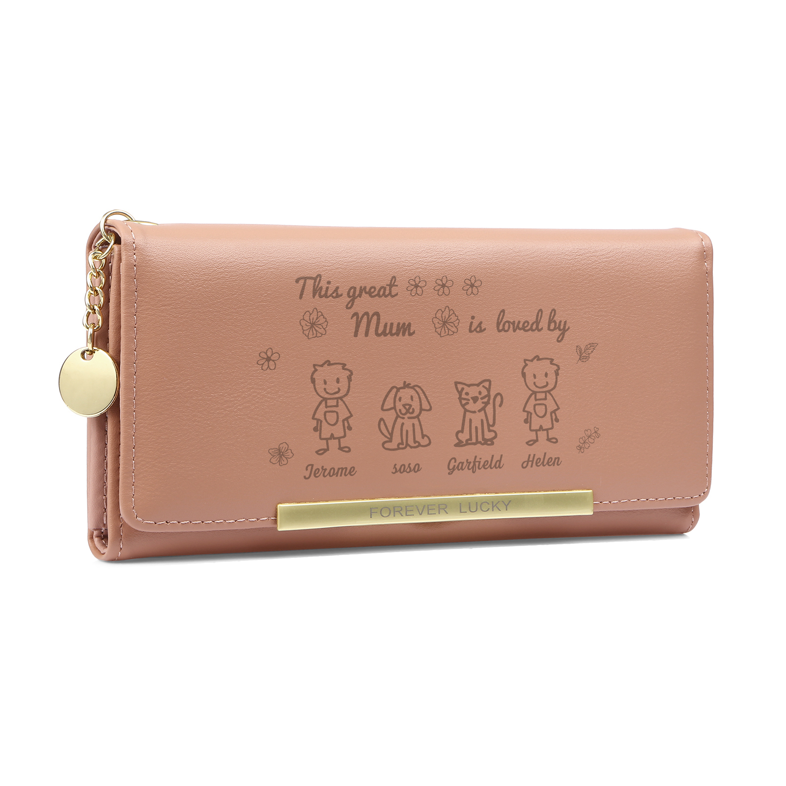 Personalised Women Photo Leather Wallet Purse With Custom 4 Kids And Pet Name –“This Great Mum Is Loved By' - Mother's Day Presents For Mum | Jessemade
