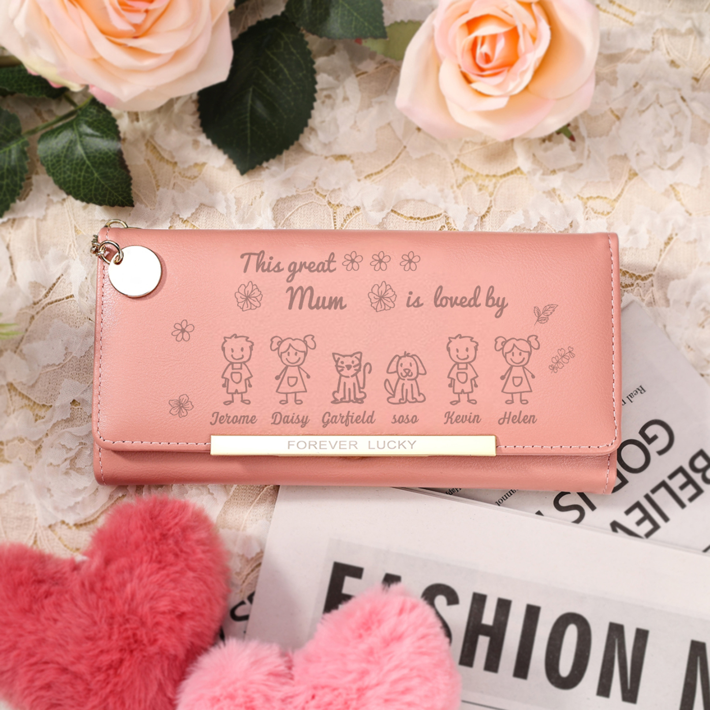 Personalised Women Photo Leather Wallet Purse With Custom 6 Kids And Pet Name –“This Great Mum Is Loved By' - Mother's Day Presents For Mum | Jessemade