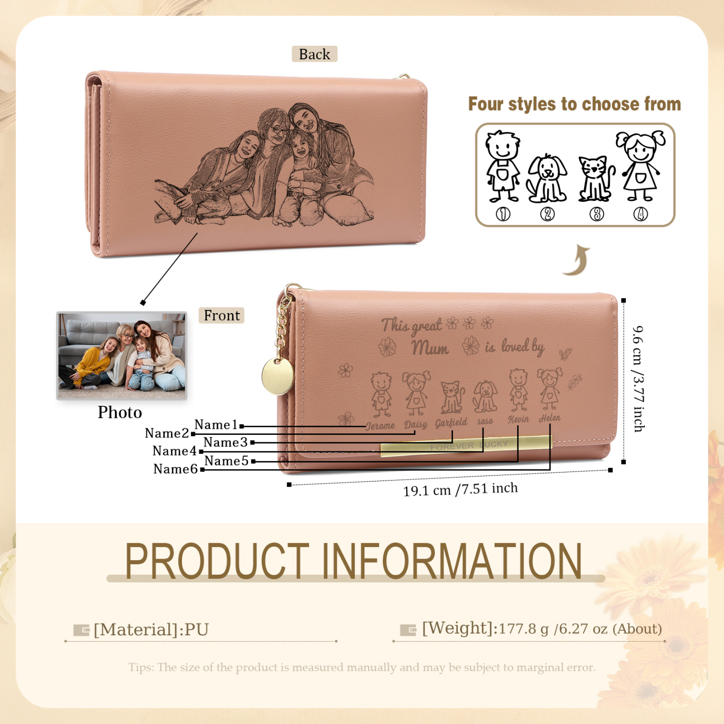Personalised Women Photo Leather Wallet Purse With Custom 6 Kids And Pet Name –“This Great Mum Is Loved By' - Mother's Day Presents For Mum | Jessemade