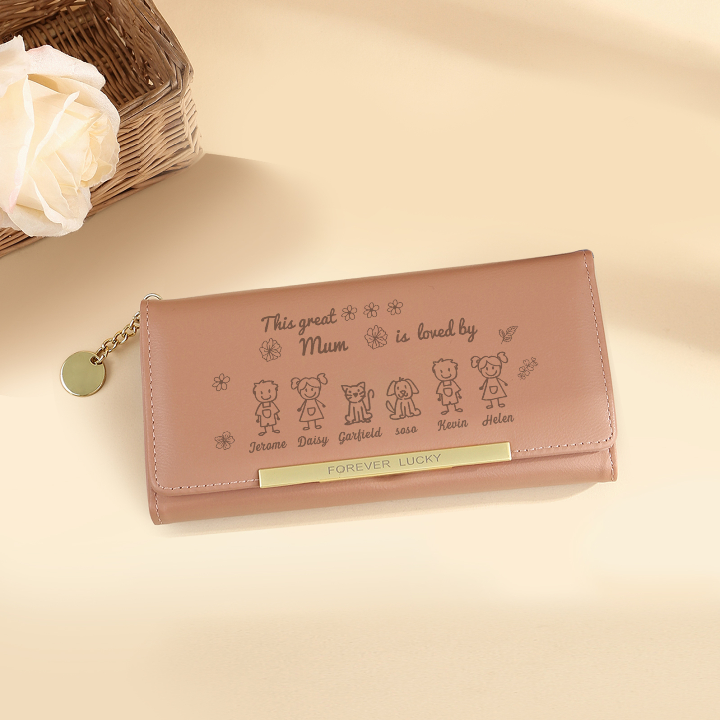 Personalised Women Photo Leather Wallet Purse With Custom 6 Kids And Pet Name –“This Great Mum Is Loved By' - Mother's Day Presents For Mum | Jessemade