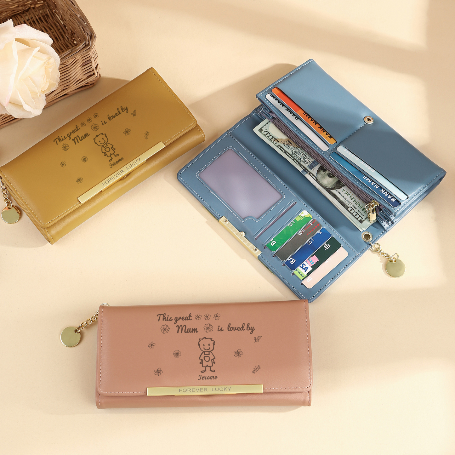 Personalised Women Leather Wallet Purse With Custom 1 Kid And Pet Name –“This Great Mum Is Loved By' - Mother's Day Presents For Mum | Jessemade
