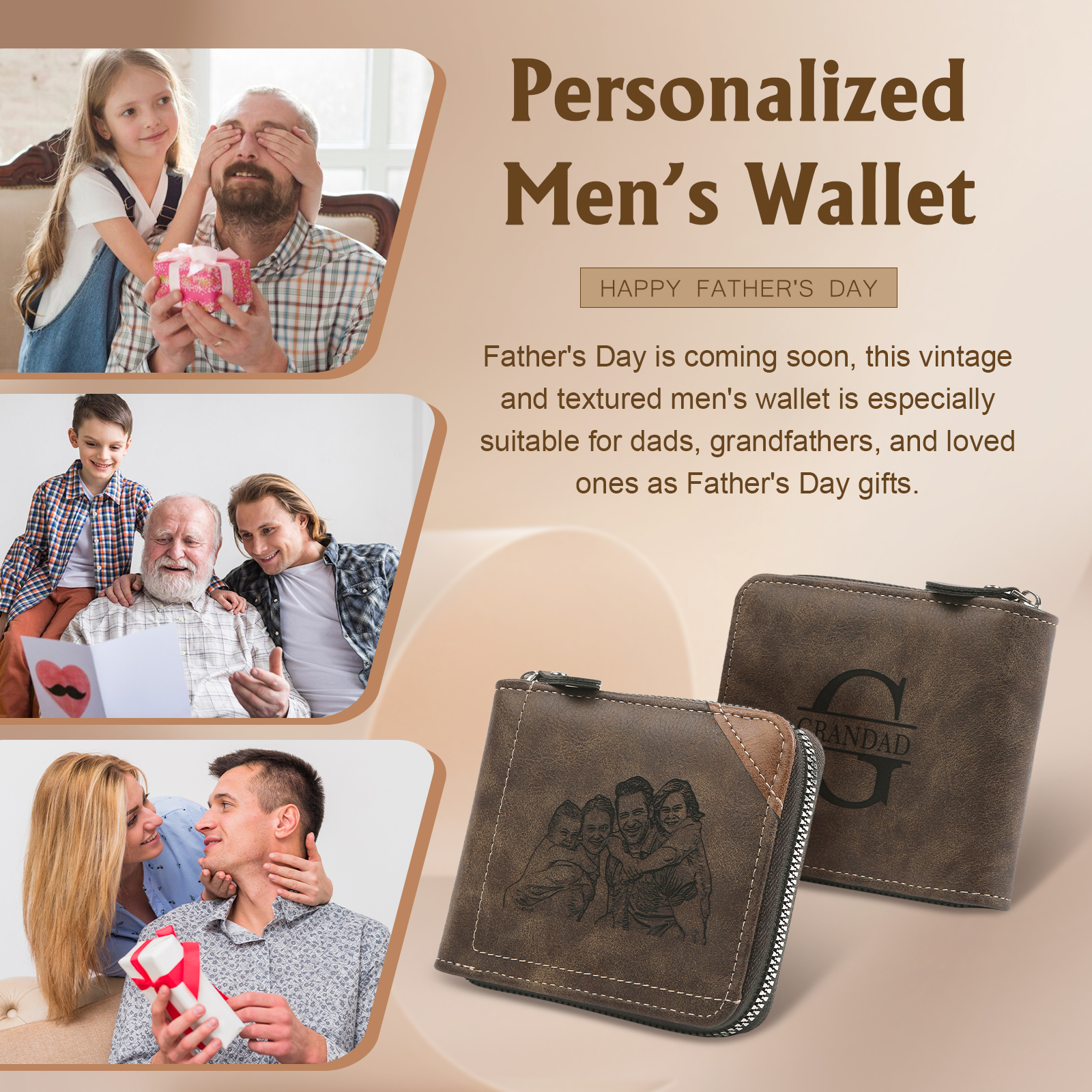 Personalised Engraved Photo Wallet for Men – Custom Family Gift with Zip Closure and Monogram | Jessemade