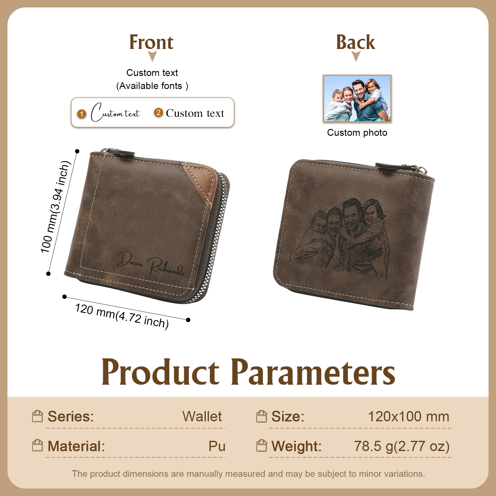 1 Photo & 1 Text Personalised Engraved Photo Wallet for Men – Custom Family Gift with Zip Closure | Jessemade