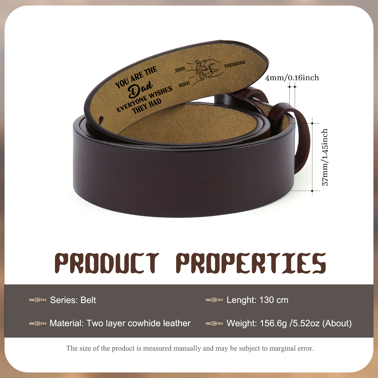 Personalised 3 Names Leather Belt, Custom Adjustable Man Belt Gift for Dad | Jessemade