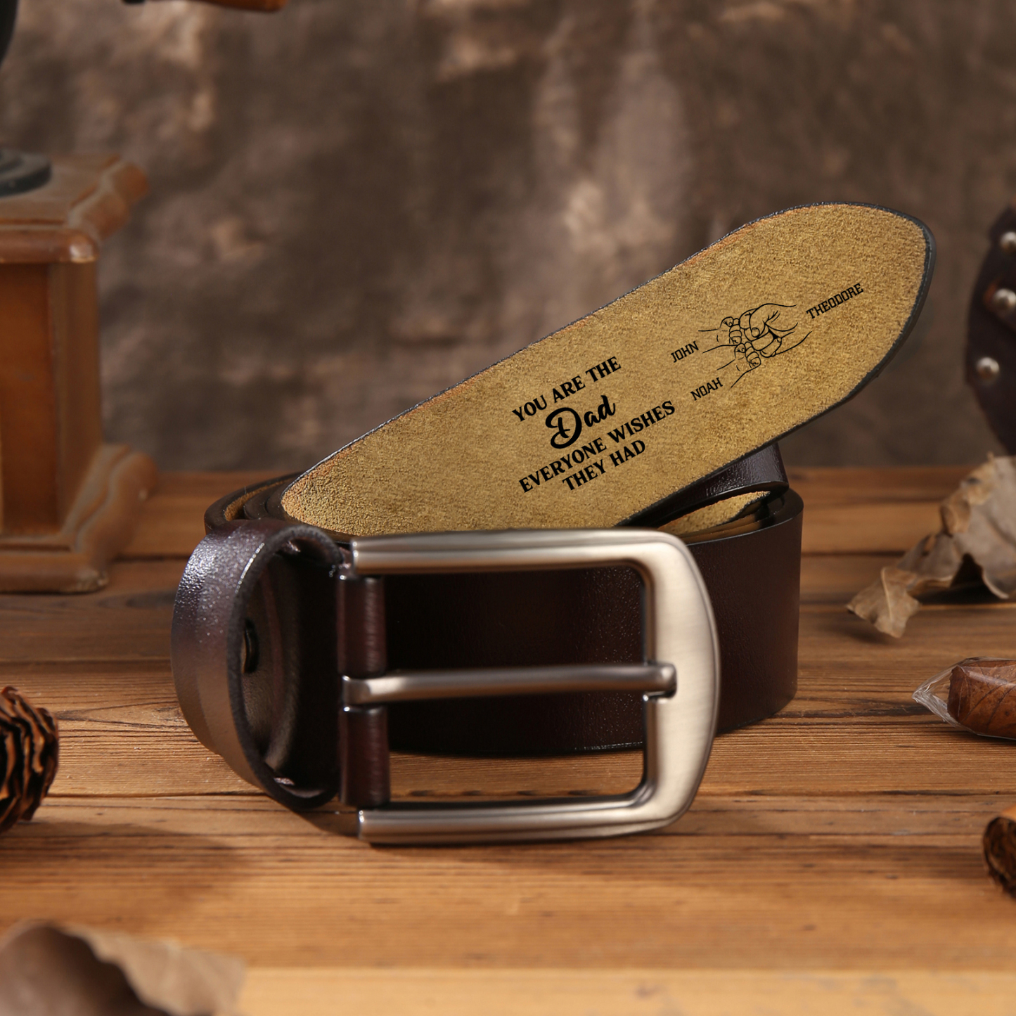 Personalised 3 Names Leather Belt, Custom Adjustable Man Belt Gift for Dad | Jessemade