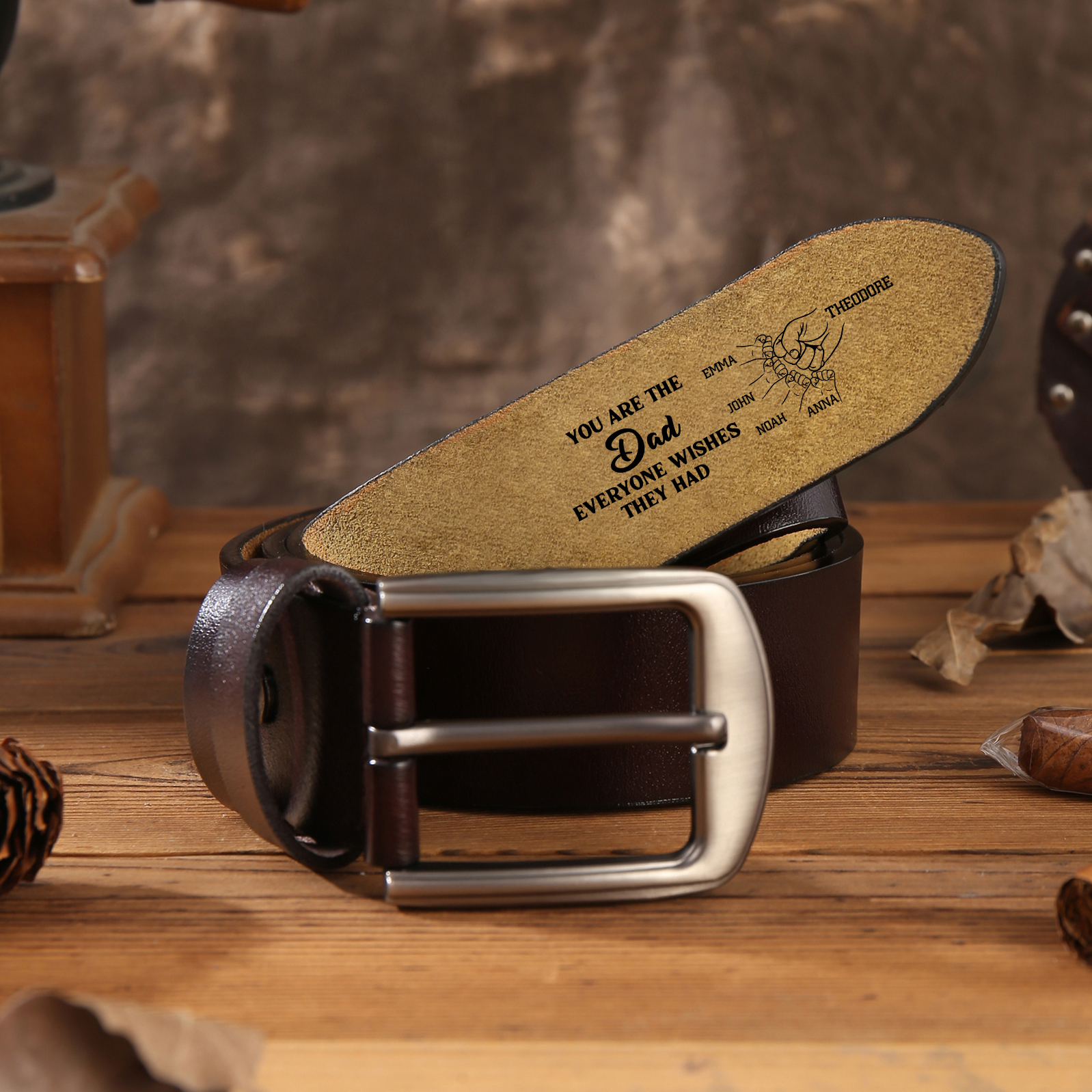 Personalised 5 Names Leather Belt, Custom Adjustable Man Belt Gift for Dad | Jessemade