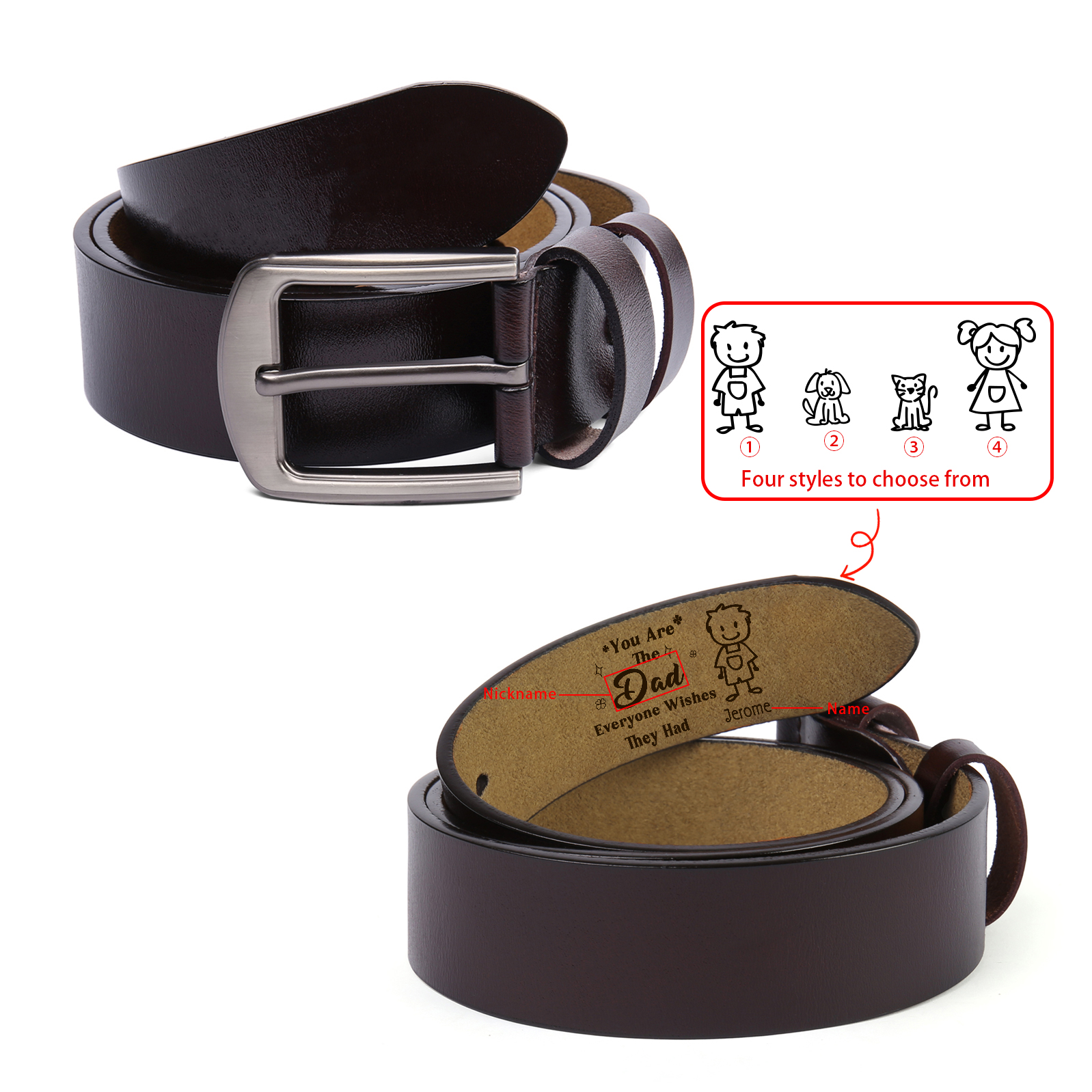 Personalised 1 Name Leather Belt, Custom Adjustable Man Belt Gift for Dad | Jessemade