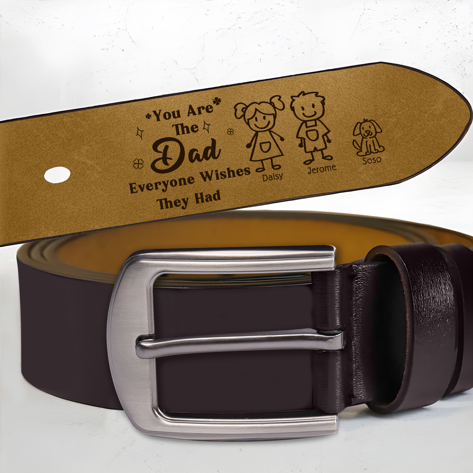 Personalised 3 Names Leather Belt, Custom Adjustable Man Belt Gift for Dad | Jessemade